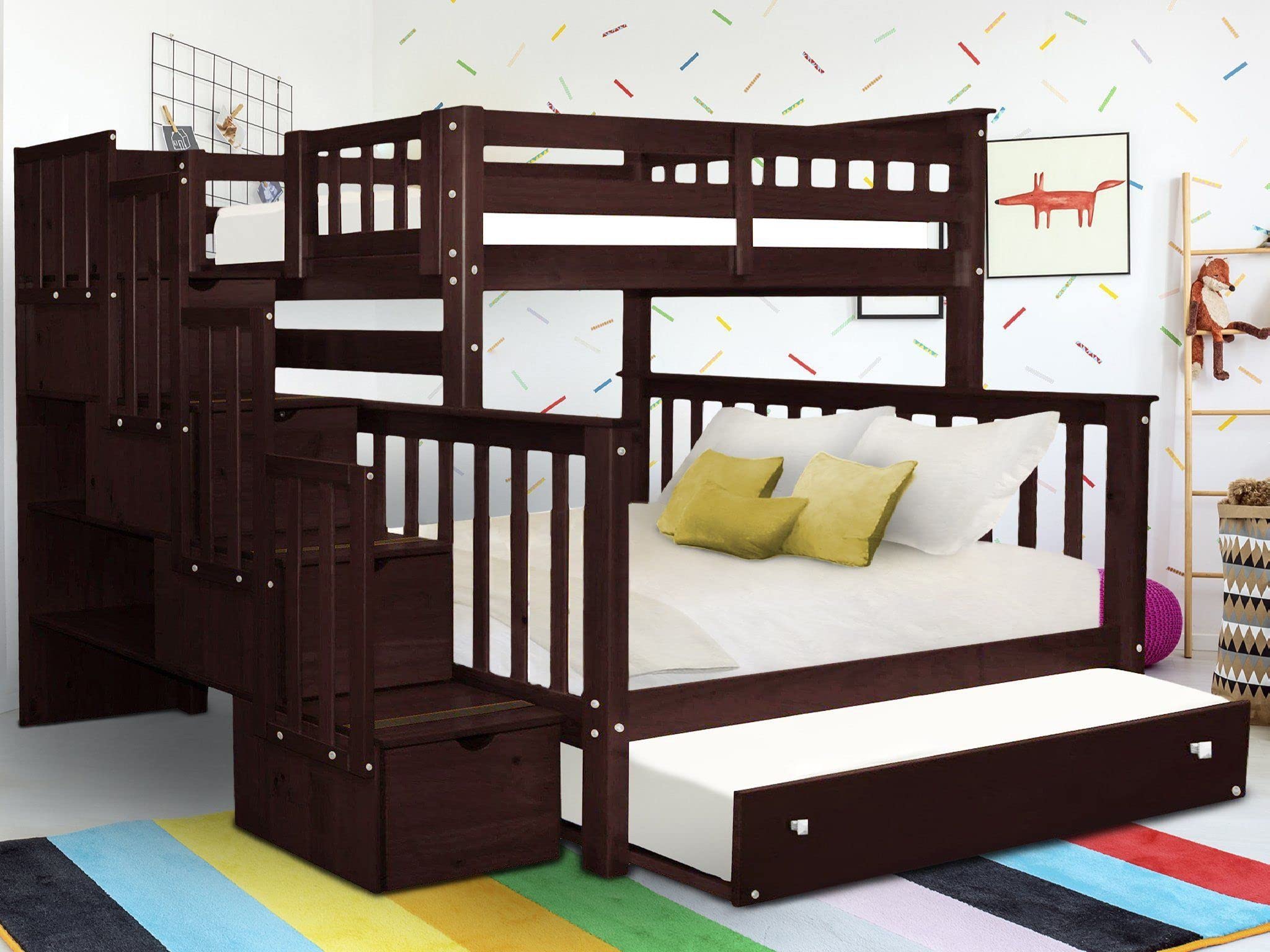 Bedz King Stairway Bunk Beds Twin over Full with 4 Drawers in the Steps and a Twin Trundle,