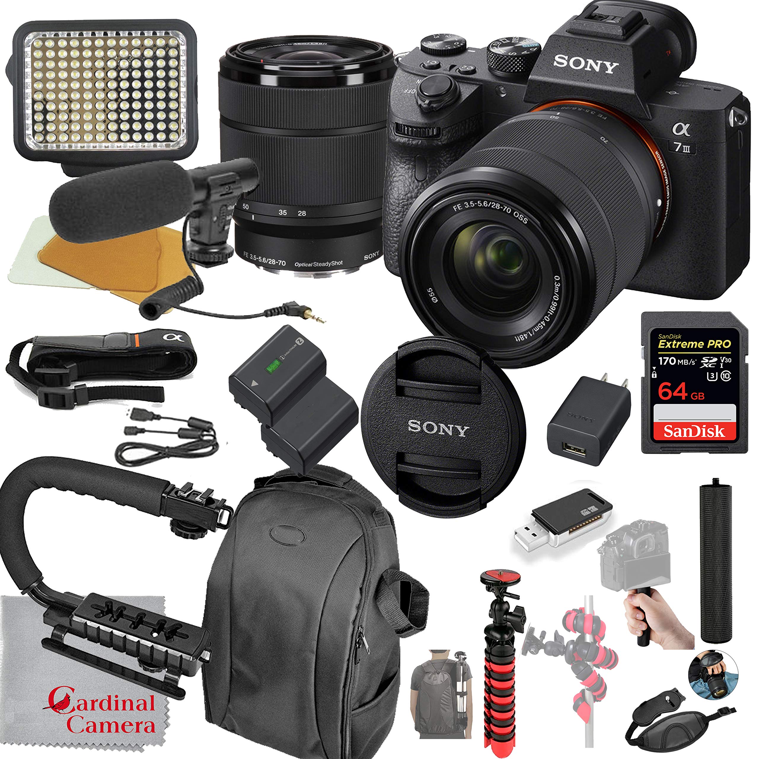 Sony Alpha a7 III Mirrorless Digital SLR Camera with 28-70mm Lens Kit Video Bundle + LED Video Light + Microphone + Extreme Speed 64GB Memory(20pc Bundle), ILCE7M3K/B