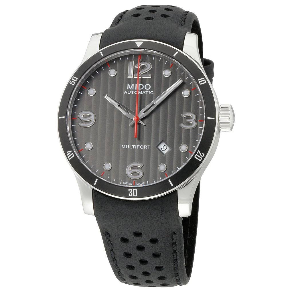 Mido Multifort Gent M025.407.16.061.00 ग्रे / ब्लैक लेदर एनालॉग स्वचालित पुरुषों की घड़ी