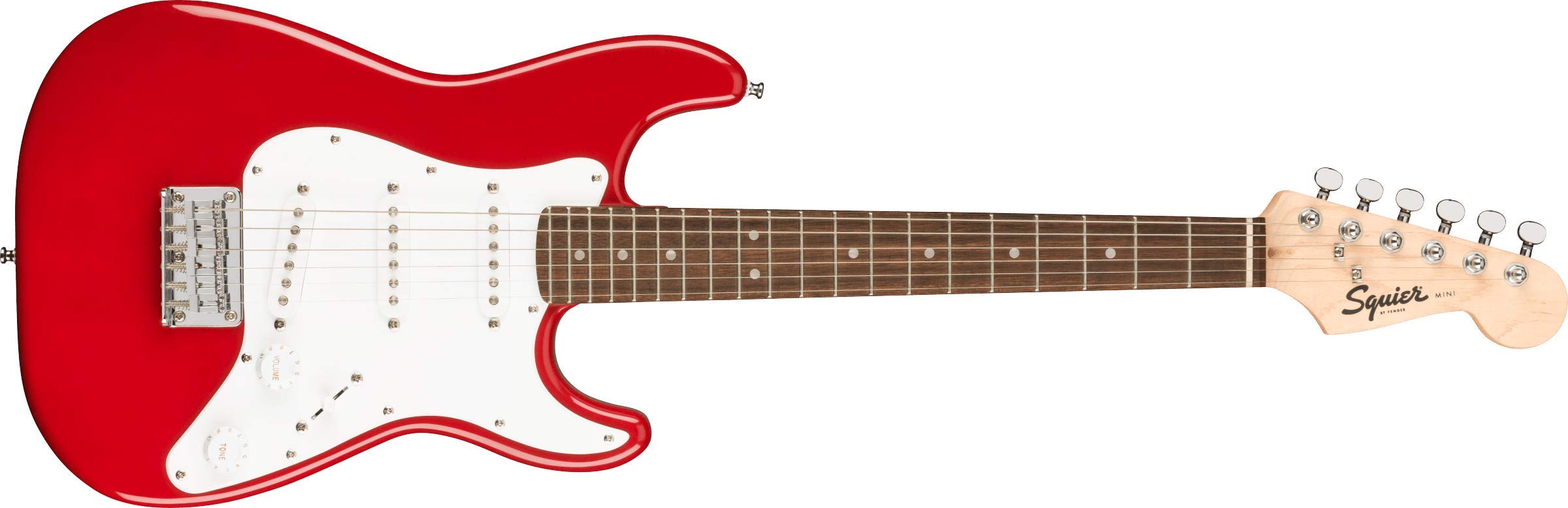 Squier मिनी स्ट्रैट इलेक्ट्रिक गिटार- लॉरेल फ़िंगरबोर्ड के साथ डकोटा रेड