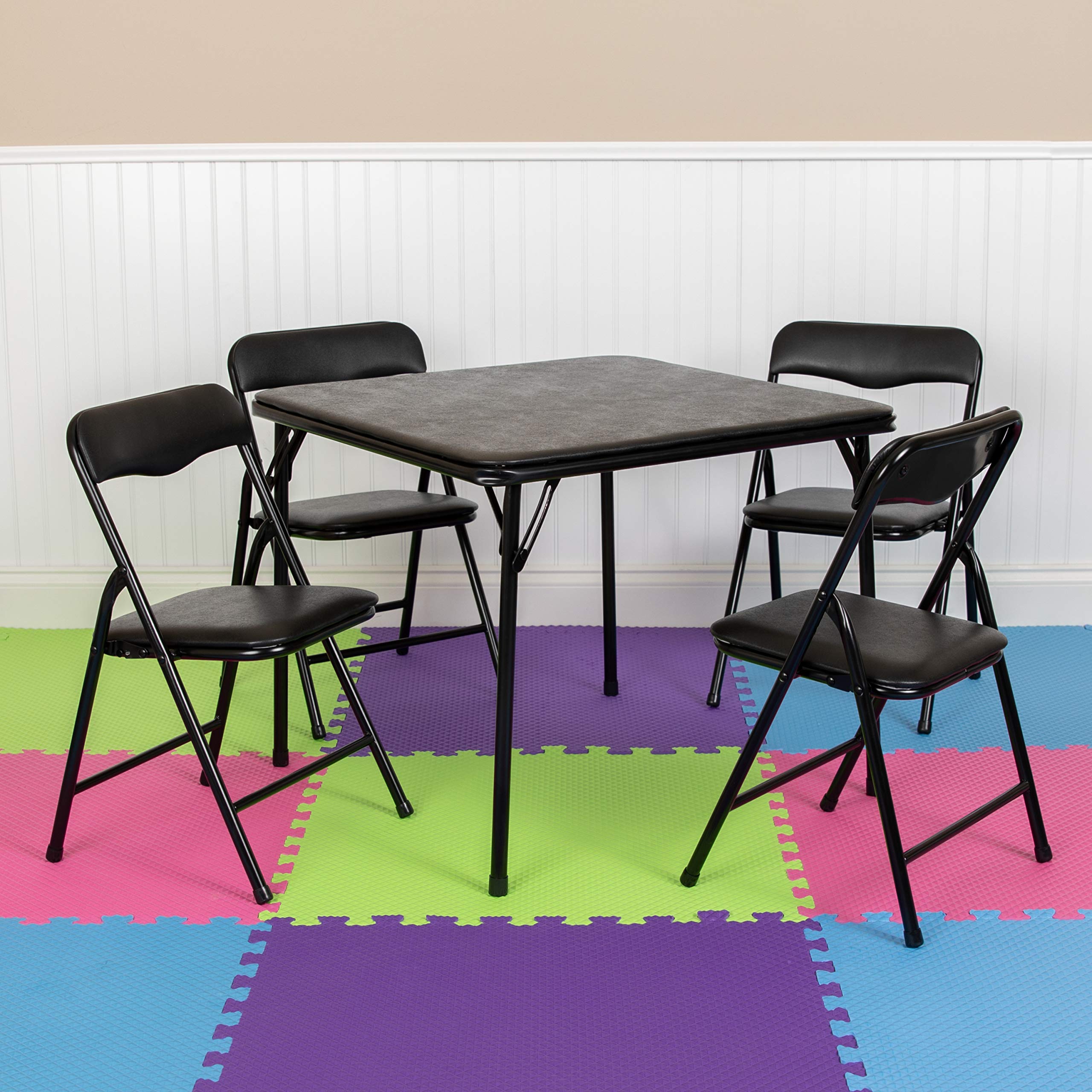 Flash Furniture बच्चों का काला 5 पीस फ़ोल्डिंग टेबल और कुर्सी सेट