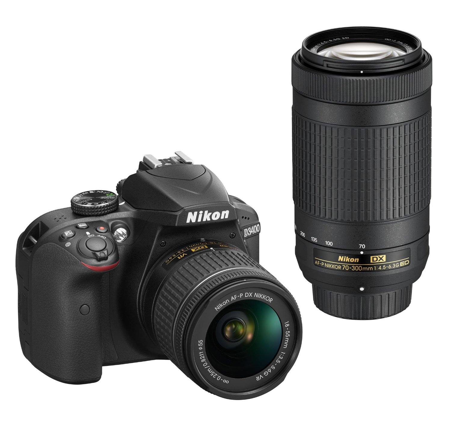 Nikon AF34-P DX NIKKOR 18-55mm f / 3.5-5.6G VR और AF-P DX NIKKOR 70-300mm f / 4.5-6.3G ED के साथ D3400 DSLR कैमरा