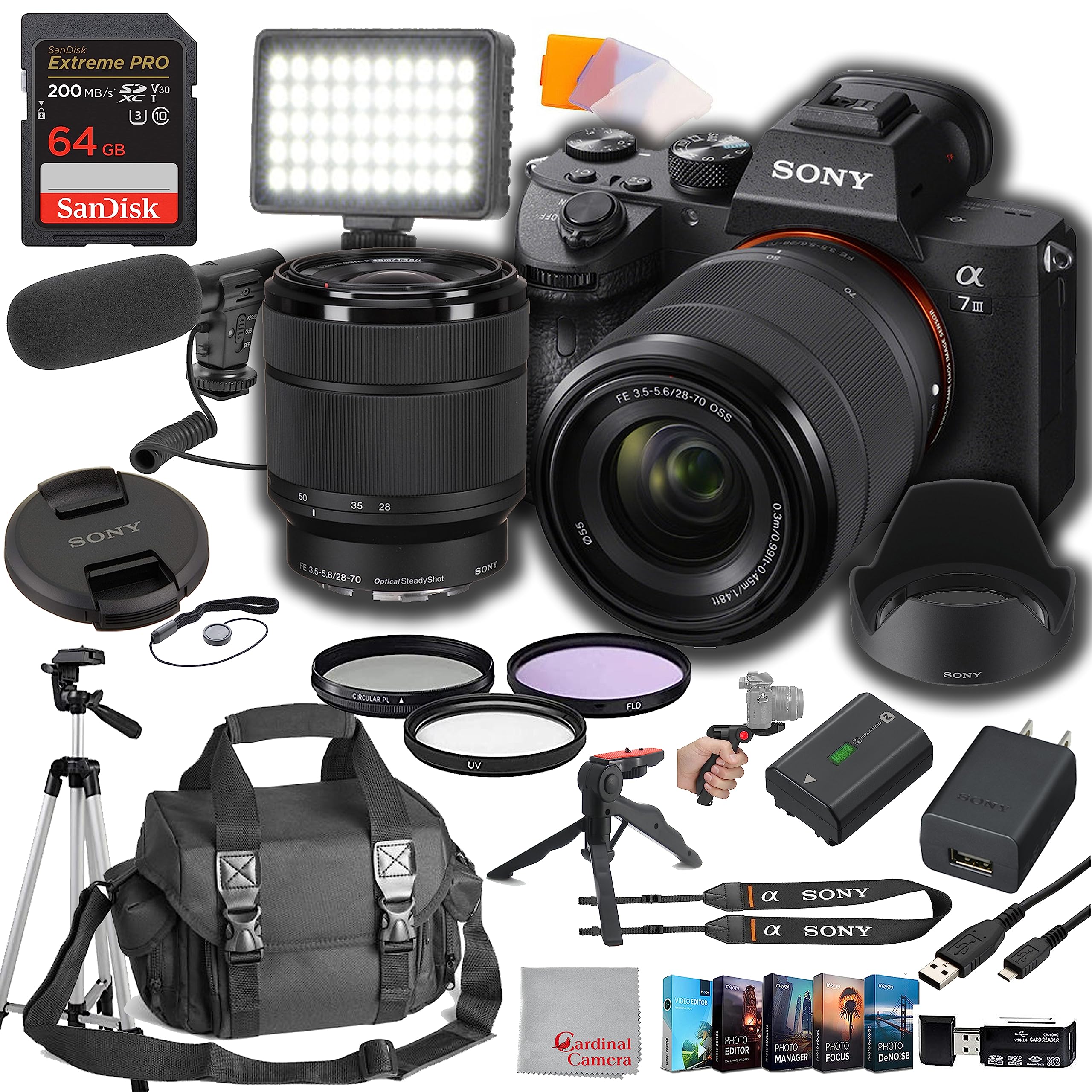 Sony a7 III Mirrorless Digital Camera 24MP w/ 28-70mmmm Lens, 64GB Extreem Speed Memory,Video Microphone, LED Video Light, Case. Tripod, Filters, & Video & Photo Editing Software Kit