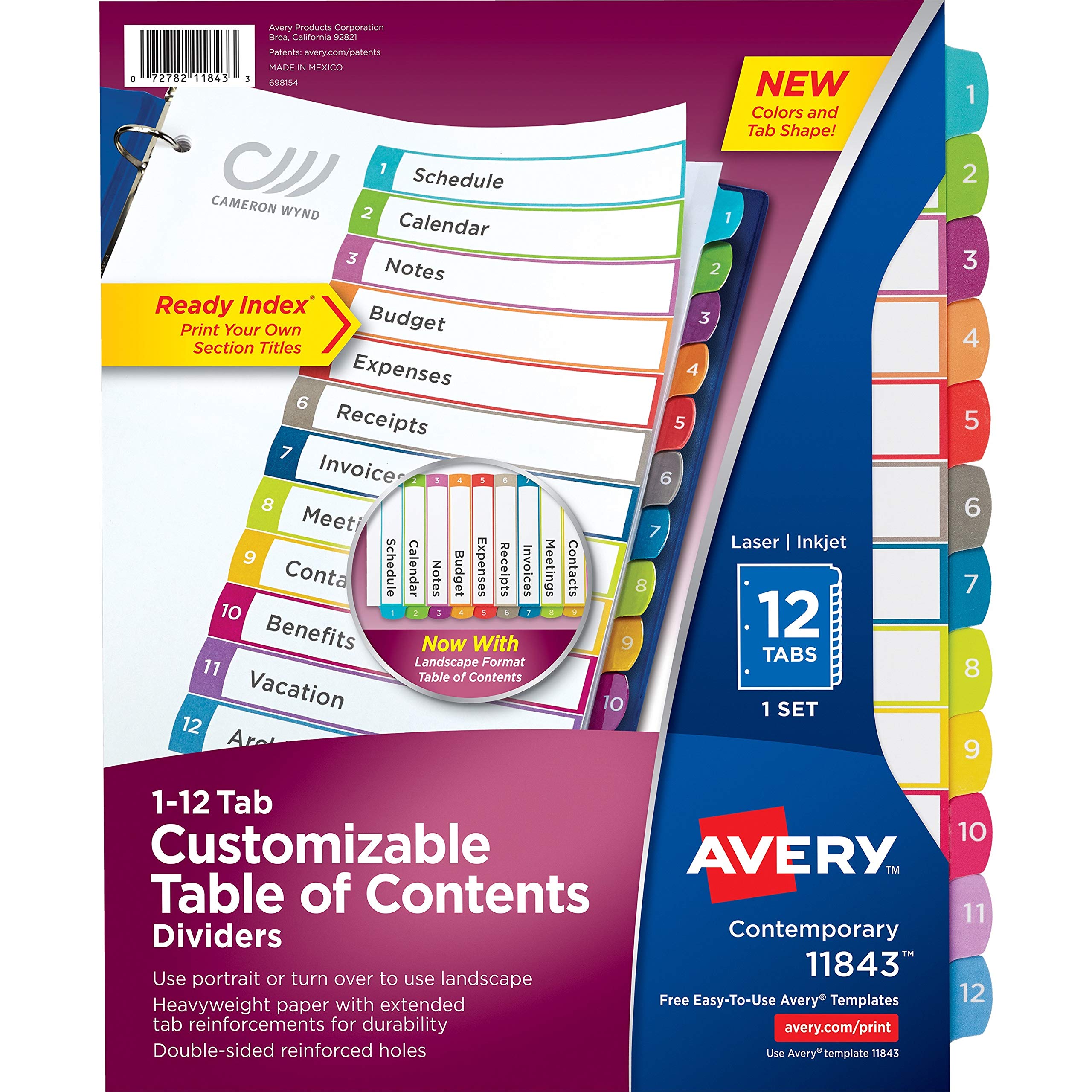 Avery सामग्री की अनुकूलन योग्य तालिका के लिए 12 टैब डिवाइडर बहुरंगा 14