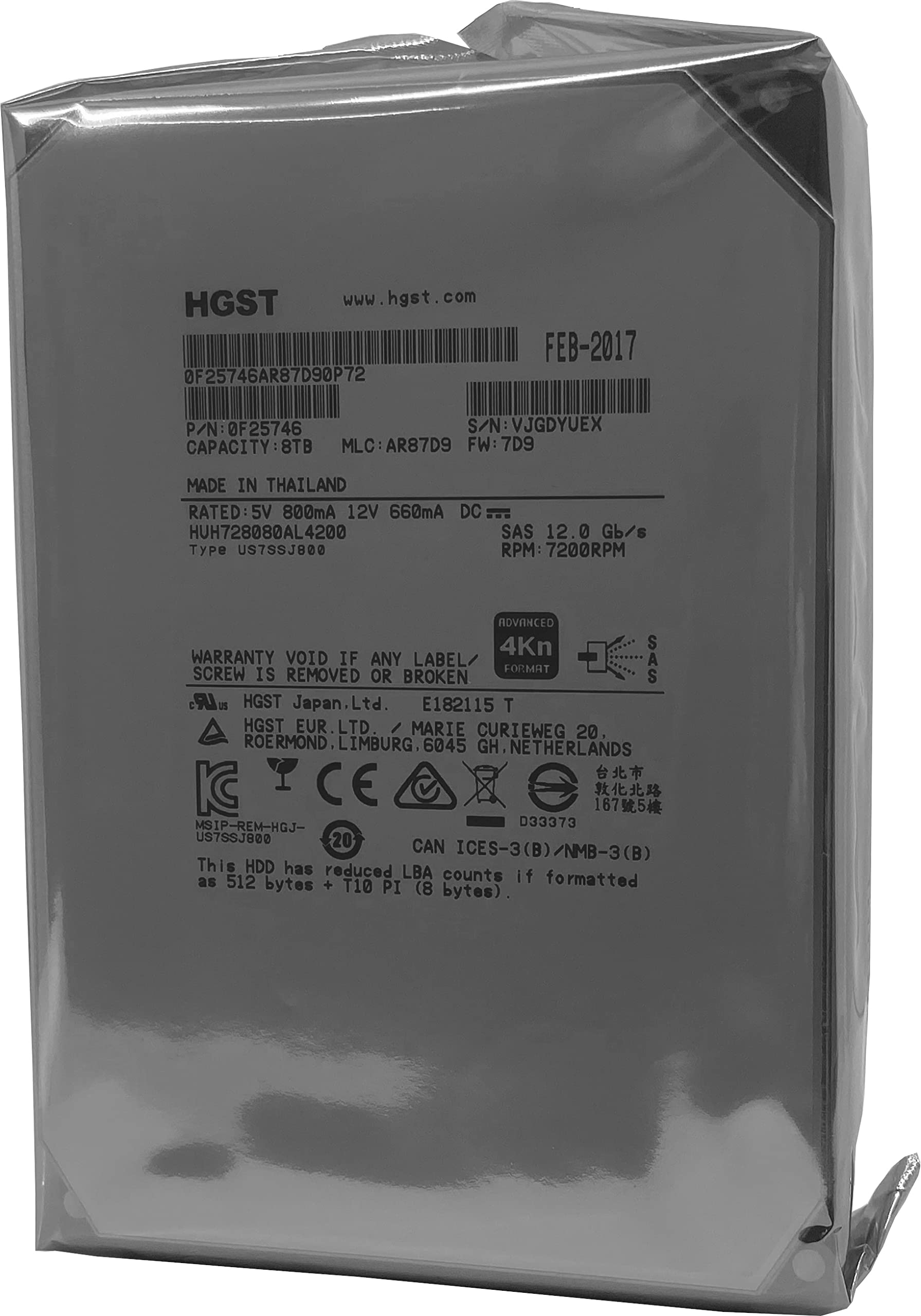 HGST HUH728080AL4200 3.5' 8TB SAS 12Gb/s 7.2K RPM 128M 0F23651 4Kn ISE एंटरप्राइज़ हार्ड ड्राइव