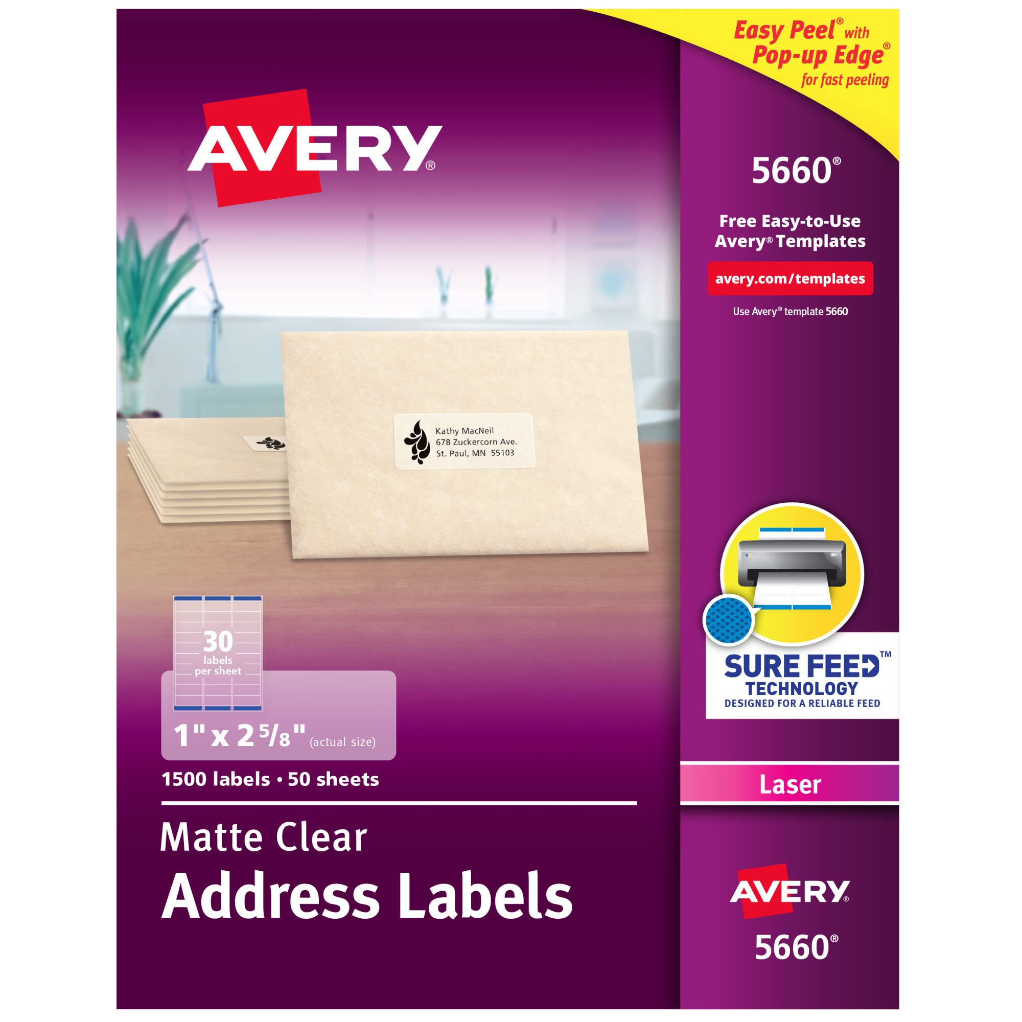 Avery लेज़र प्रिंटर्स 1'' x 2-5/8'' के लिए आसान छील पता लेबल साफ़ करें