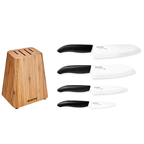  Kyocera बांस चाकू ब्लॉक सेट: इसमें 4-स्लॉट बांस ब्लॉक और 4 उन्नत सिरेमिक चाकू-एफके-...