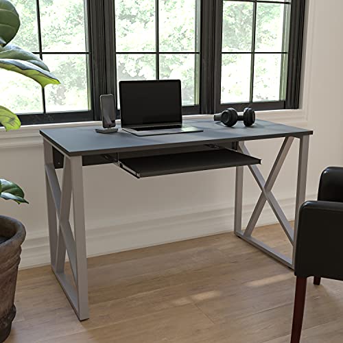  Flash Furniture पुल-आउट कीबोर्ड ट्रे और क्रॉस-ब्रेस फ़्रेम के साथ ब्लैक कंप्यूटर डेस्क...