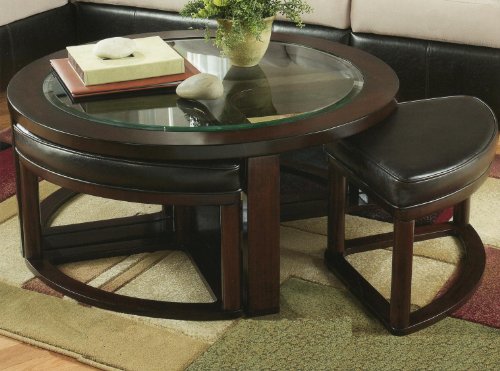 Roundhill Furniture 4 स्टूल के साथ सिलिना सॉलिड वुड ग्लास टॉप गोल कॉफी टेबल
