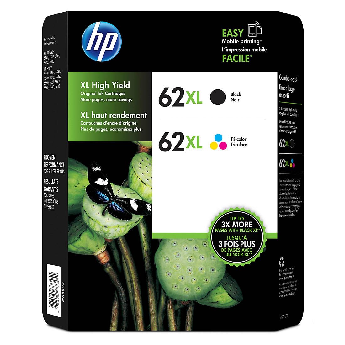  HP असली 62Xl हाई यील्ड ब्लैक और हाई यील्ड ट्राई-कलर जेटडायरेक्ट प्रिंट कार्ट्रिज...