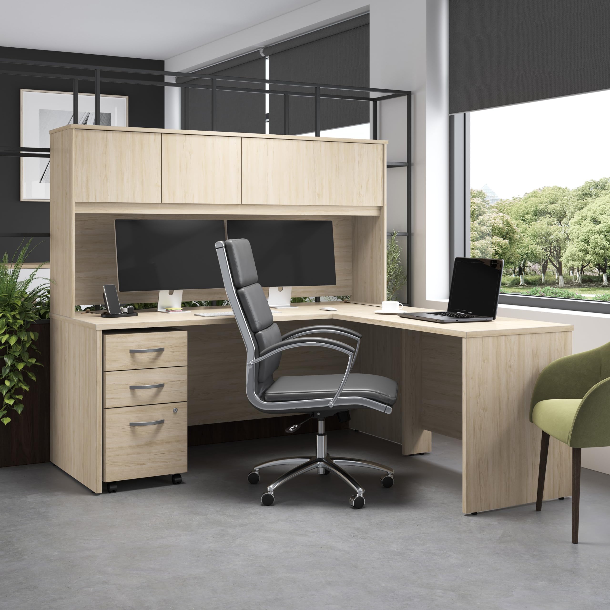 Bush Business Furniture Studio C L Shaped Desk with Hutch and Mobile File Cabinet, L Workstation Set for Home or Professional Office, 72W x 30D, Natural Elm