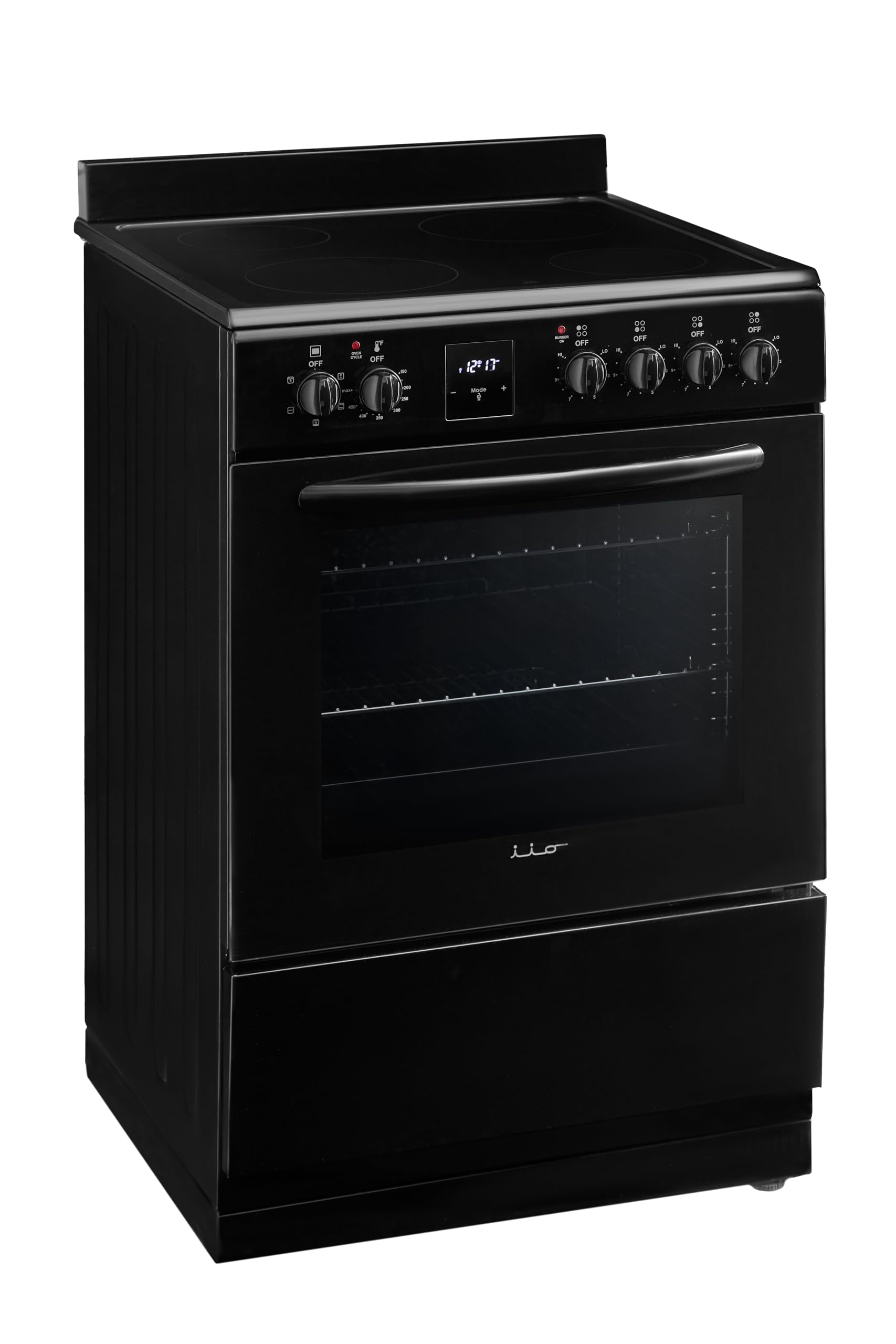 iio 24 inch Electric Stove iER-244SS, Oven Range with Triple Lined Door Glass, 4 Top Burners, Convection Fan, Deep Broiler, Digital Timer Clock, 5 Cook Functions