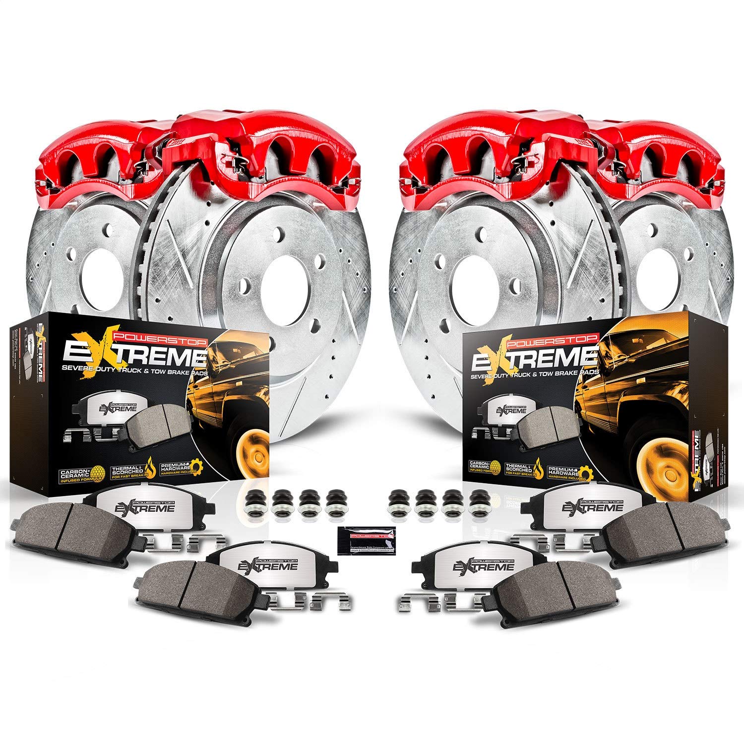 Power Stop KC6560-36 Front and Rear Z36 Truck & Tow Carbon Fiber Ceramic Brake Pads with Drilled and Slotted Rotors and Calipers For Escalade Chevy Silverado 1500 Tahoe GMC Sierra 1500 Yukon