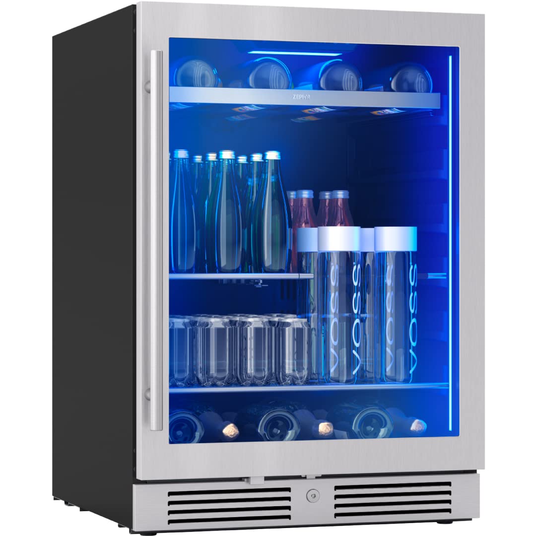 Zephyr Presrv 24 Inch Wine Fridge Single Zone Under Counter - Beverage and Wine Cooler Cellars Cabinet Wine Bar Drink Refrigerator for Home Freestanding with Glass Door, 13 bottles, 84x12 oz cans