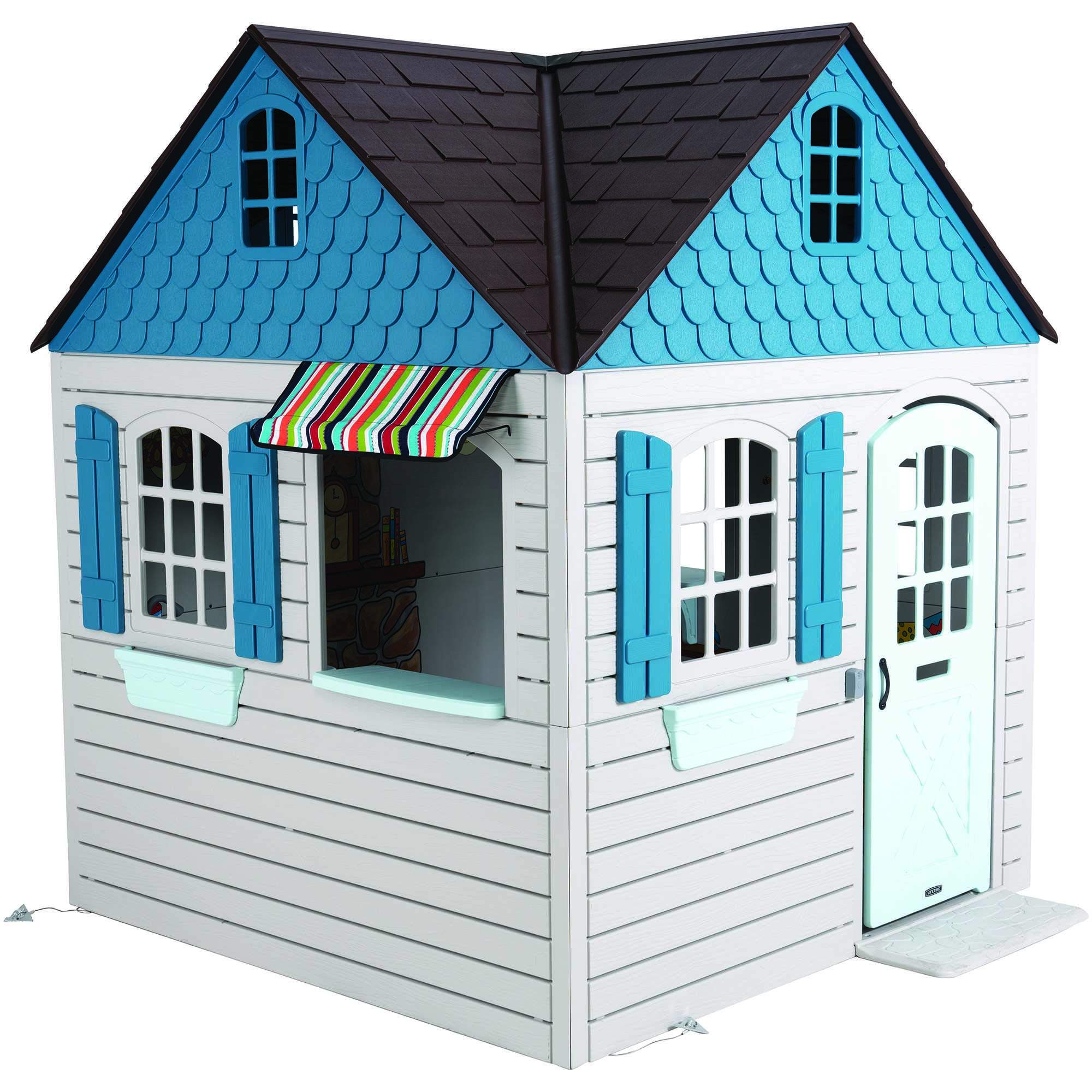 Lifetime Heavy Duty Plastic Outdoor Playhouse, 6ft x 6ft x 7 ft Tall, beige & blue