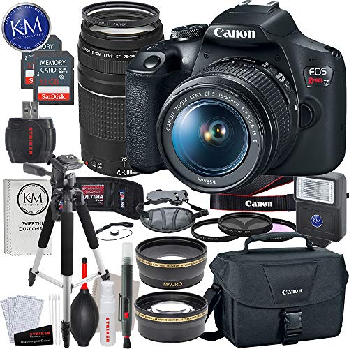 Canon EOS विद्रोही T7 DSLR कैमरा w/EF-S 18-55mm लेंस + EF 75-300mm लेंस + 2 x 32 GB मेमोरी + डीलक्स बंडल