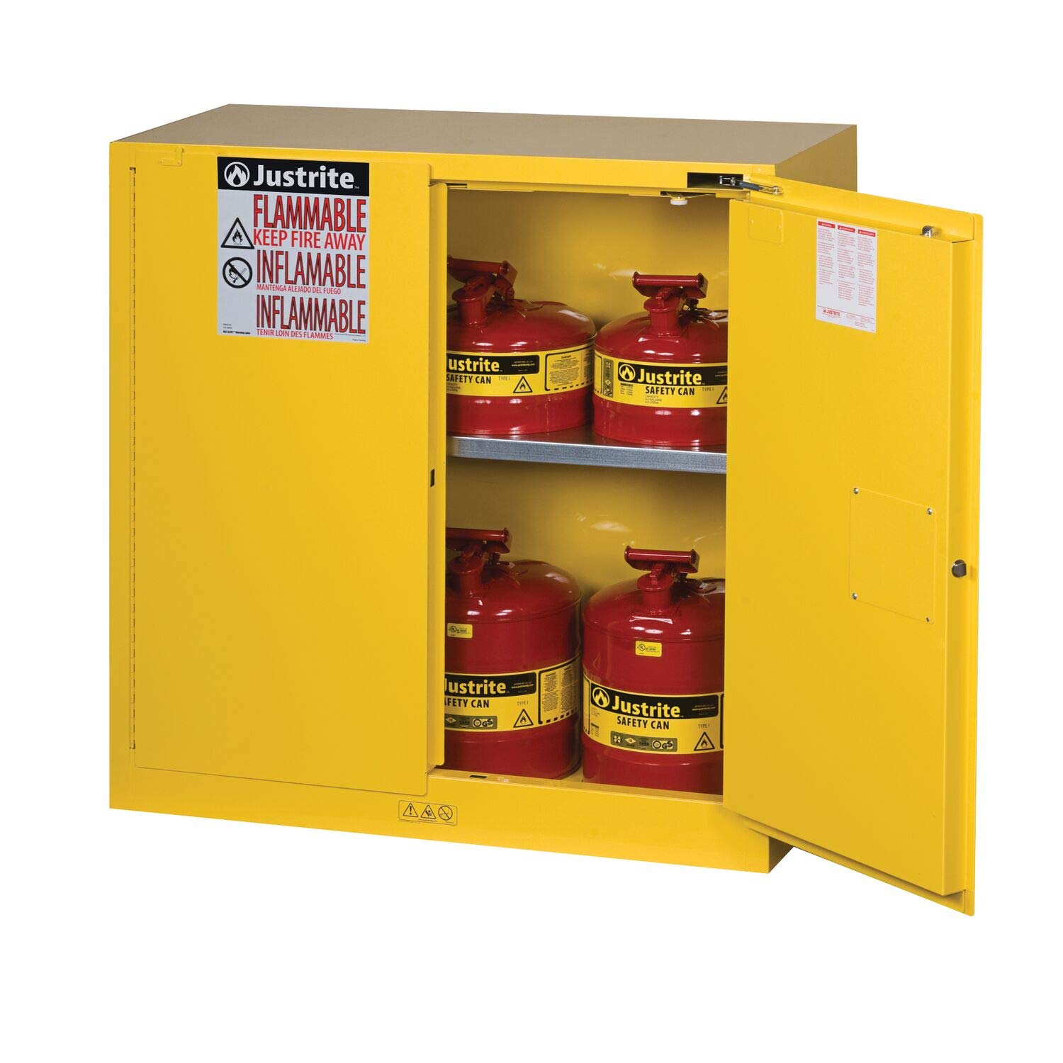 Justrite 893020 Sure-Grip EX Flammable Safety Cabinet, 2 Door, Self Closing, Dimensions (H x W x D): 44 x 43 x 18 inch (1118 x 1092 x 457 mm); 30 gal. (114L) Yellow